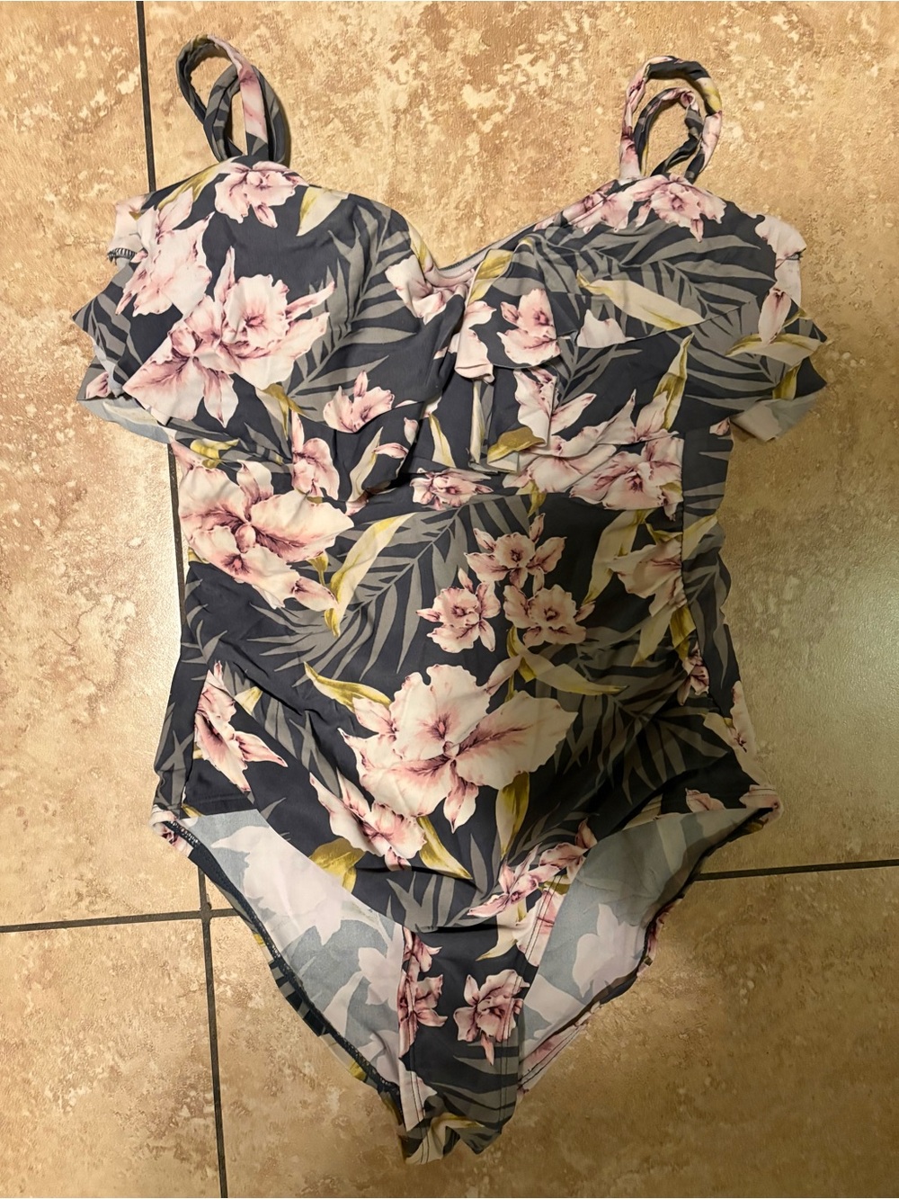 Kona Sol Navy Floral One-Piece Swimsuit with Pink Blossoms